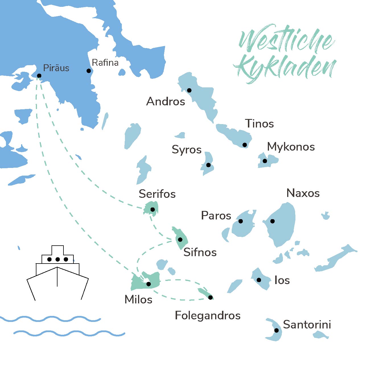 Map der Inselhopping Route westliche Kykladen